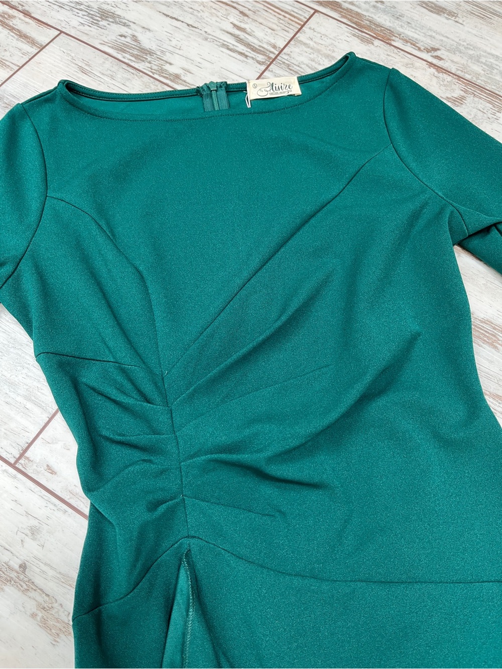 AISIZE Dark Green Ruched Sheath Dress Asymmetric Ruffle 3/4 Sleeve Small NWT - Picture 15 of 16